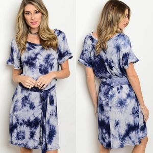 Blue Tie-Dye Short Sleeve Women's Dress